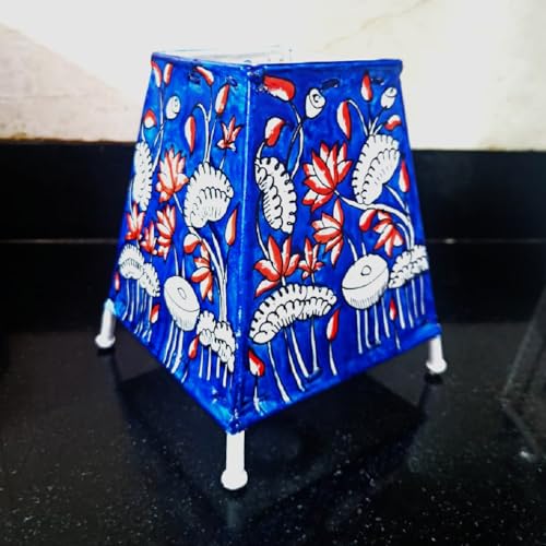 Image of Andhra Leather Craft Lamp Shade, Small (6 inch x 4 inch / Set of 1) - Blue Floral (Square) 2 meter wire with bulb holder and socket included - Handpainted Leather Table Lamp: Tholu Bommalata