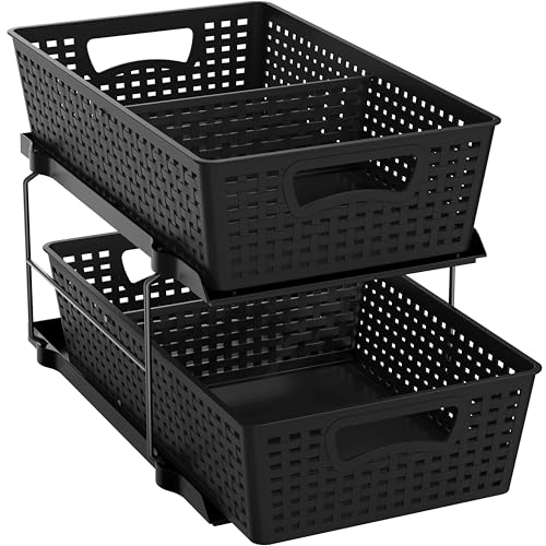 Image of Simple Houseware 2 Tier Bathroom Organizer Tray Pull-Out Sliding Drawer, Under Sink Storage, Black
