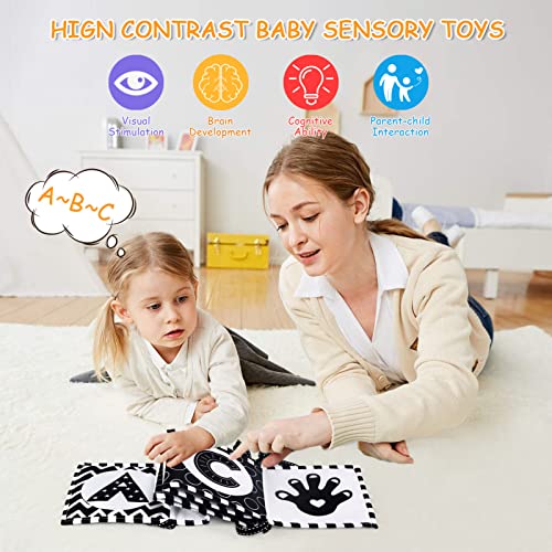 JoyPlus Schwarz Weiß Buch Babyspielzeug 0-12 Monate, Kontrastkarten Babybuch Baby Stoffbuch, Fühlbuch Baby, Doppelseitiges Weiches Stoffbuch mit Spiegel, Sensorik Spielzeug Geschenk für Jungen Mädchen