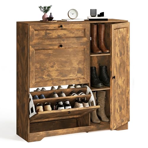 Xbro Scarpiera Salvaspazio Slim da Ingresso in Legno, 2 Cassetti a Ribalta Doppi Regolabili + Cassetto Superiore e Vano Laterale con Ripiani, Mobile Scarpiera 100x30x103 cm, Colore Legno Rétro