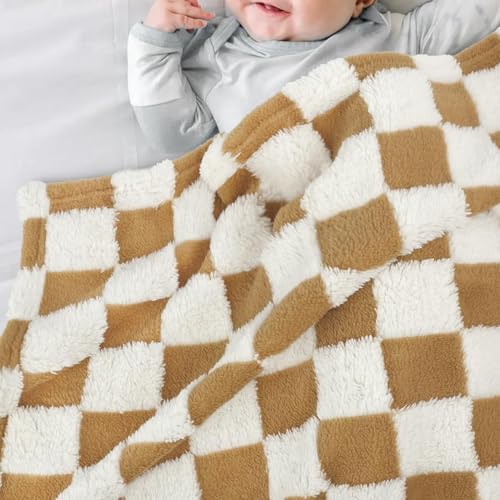 Image of HOMRITAR Khaki Checkerboard Baby Blanket for Boys Girls Fluffy Fleece