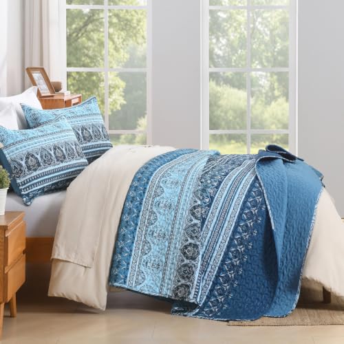 Image of Andency Blue Quilts Queen Size, 3 Pcs Boho Lightweight Striped Bedspread | Soft Blue Printed Bohemian Polyester Reversible Coverlet Comforter Sets for All Season (90 inchx96 inch)
