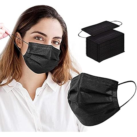 50PCS Disposable Face Masks with Elastic Ear Loop, 3-Ply Earloop Breathable Non-Woven Mouth Cover Mask for Home, Park, Office- Black Cover
