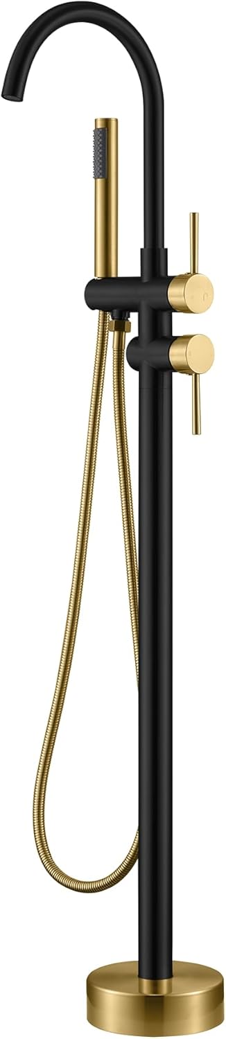 Free Standing Tub Faucet Black and Brushed Titanium Gold Swivel Freestanding Bathtub Faucet Floor Mount Single Handle Brass Freestanding Tub Filler with Handheld Shower Head