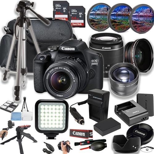 Canon EOS 2000D (Rebel T7) 24MP DSLR Camera w/EF-S 18-55mm f/3.5-5.6 DC III Lens + LED Light + 128GB Memory + Lenses + Filters + Case + Tripod + Grips + Added Power, and More (28pc Bundle) (Renewed)