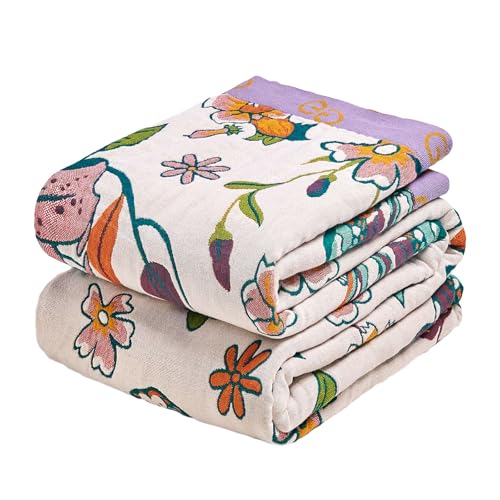 Image of MSGKV Boho Throw Blanket 90 inchx108 inch 100% Cotton Floral Blanket for Bed