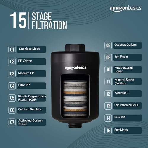 Image of Amazon Basics 15 Stage Shower /Tap Filter & Water Softener for Home (Black) | Reduces Hair Fall, Skin Dryness & Limescale| Hard Water Filter for Tap, Shower, Handshower| for Municipal /Chlorine Water