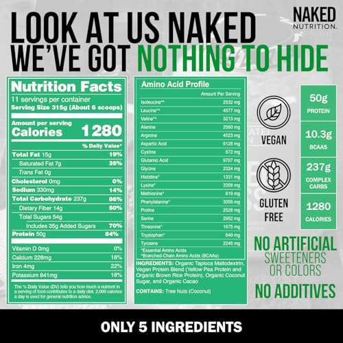 Image of NAKED Vegan Mass - Chocolate Vegan Weight Gainer - 1,280 Calories, Non-GMO, Soy & Gluten Free, No Artificial Ingredients - 8LB Bulk - 11 Servings (Pack of 2)