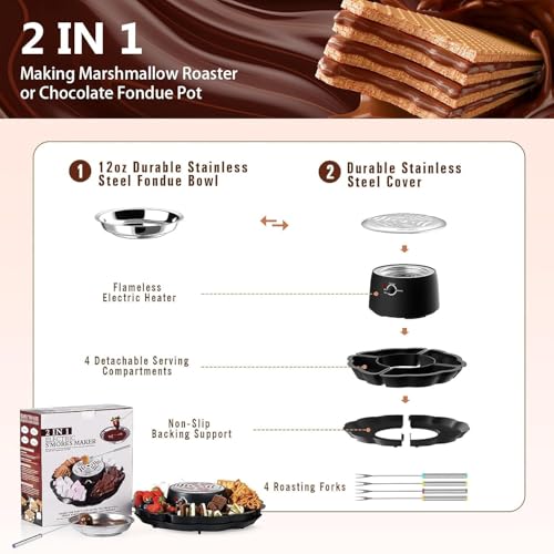 2-in-1 Electric S'mores Maker & Fondue Pot - Indoor Tabletop Smores Kit with 4 Forks, 4 Trays & Flameless Heater, Perfect Gifts - Image 3