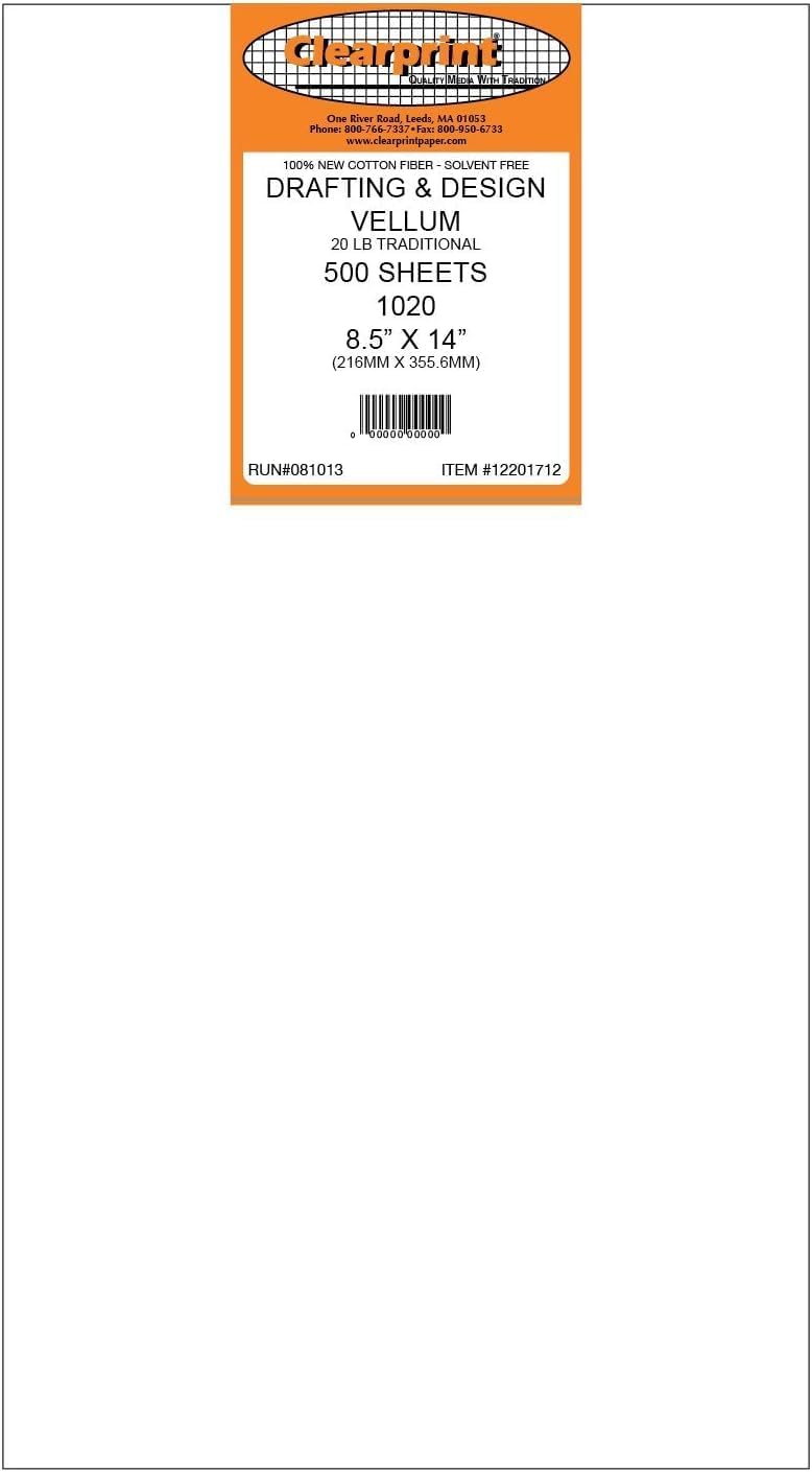 Clearprint 8-1/2" x 14" 1020H Design Vellum Sheets, 20 lb., 100% Cotton, 500 Sheets Per Pack, 1 Each