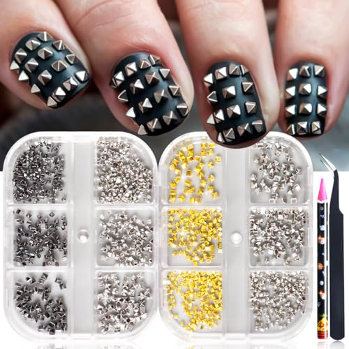 Punk Nail Studs, 2 Boxes 3D Mini Metal Square Spire Nail Charms Studs, Alloy Rivets Goth Jewelry Nail Supplies for DIY Crafts Manicure Decoration Accessories