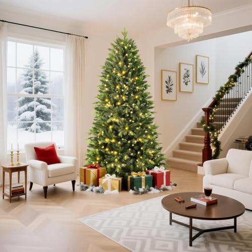6ft Prelit Artificial Hinged Full Christmas Tree with Remote Control, 400 Pre-Lit Twinkling Multi-Color RGB Lights, 1423 Branch Tips, Perfect Choice for Xmas Decoration, 6FT