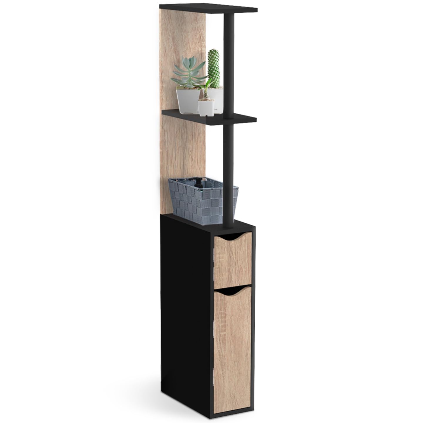 IDMarket - Meuble WC étagère Willy Bois 2 Portes Noir et hêtre