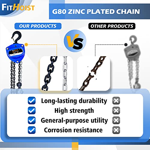 Fithoist Hand Chain Hoist 1Ton | Chain Fall 2200Lbs Capacity | Manual Chain Hoist 10Ft | Chain Block Hoist With 2 Heavy Duty Hooks | Heavy Duty Pulley Hoist For Garages Warehouse Automotive Machinery #TOP5