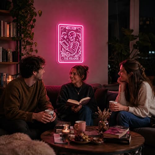 Image of Pink Neon Sign Led Neon Lights Signs for Wall Decor USB Powered Led Signs for Room Decoration-Skeleton Reading Book