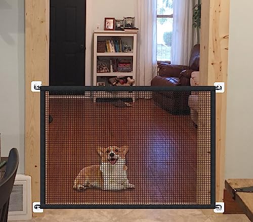 Dog Gates for The House, Portable Magic Pet Gates for Doorways, Stairs, No Drill Durable Mesh Puppy Gate Safety Fence Guard, 43.5" W X 31" H, 6 Hooks