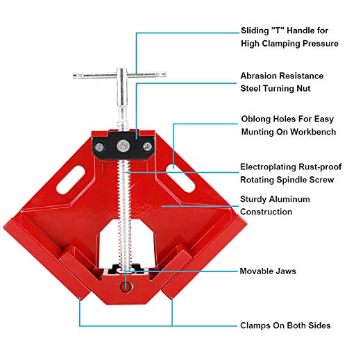 HighFree Right Angle Corner Clamp T-shaped Handle 90 Degree Clamp Aluminum Alloy Angle Right Clamp with Adjustable Swing Jaw for Woodworking Photo Frame Vise Holder (Red)