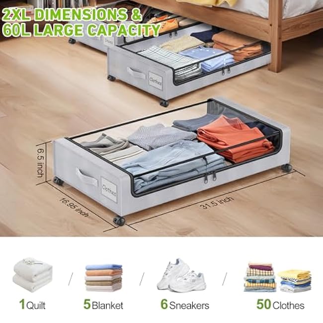 Beborxue Under Bed Storage with Wheels, 4-Pack Under Bed Storage Containers with Clear Lids, XXL 60L Under the bed storage Organizer Bins, Rolling Under Bed Metal Drawer for Clothes,Shoes,Toys (Gray)