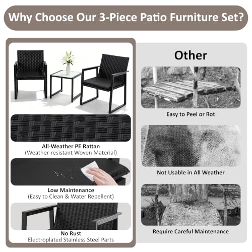 Image of Shintenchi 3 Pieces Wicker Patio Bistro Sets, Rattan Patio Conversation Set with Coffee Table, Outdoor Wicker Furniture Set for Lawn, Garden, Balcony (Black)