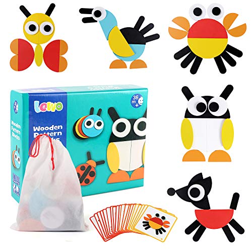 Lewo Puzzles en Bois Blocs de Modèle en Bois Puzzle Animaux Formes Géométriques Jouets éducatifs précoces Tangram Set for Kids avec 20 Cartes de Design