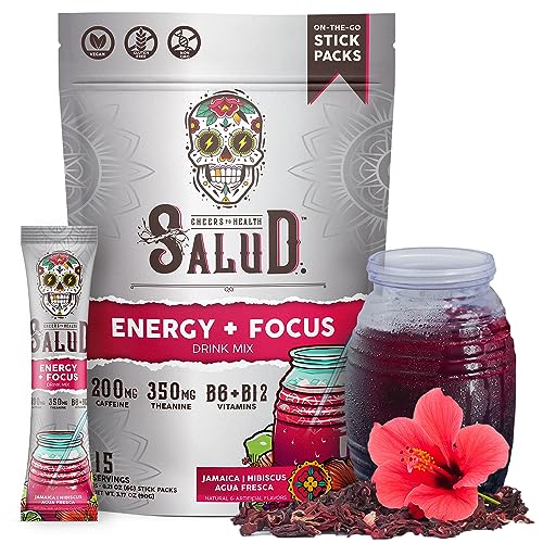 Image of Salud 2-in-1 Energy Drink Powder + Focus, Hibiscus, Organic Caffeine, B6 + B12, Theanine, Clean Energy Drink Packets, Jamaica Agua Fresca Mix, Non-GMO, Gluten Free, Vegan, 1g of Sugar, (15 Servings)