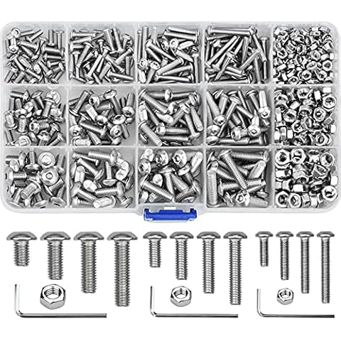 520 Pcs Bolts and Nuts 304 Stainless Steel Hex Bolts Set M3 M4 M5 Hex Socket Button with 3 L-Handle Hex Wrenches Cover
