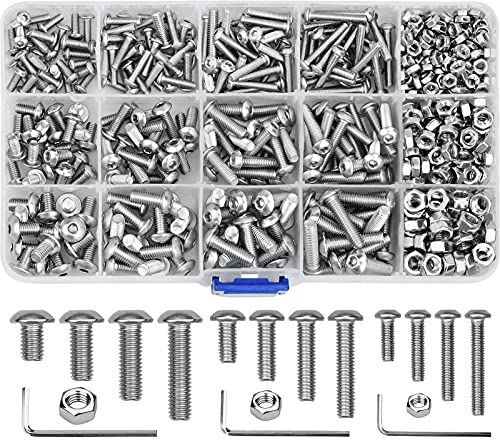 Juego de 520 pernos y tuercas hexagonales de acero inoxidable 304 M3 M4 M5 con 3 llaves hexagonales con mango en L