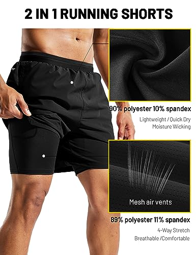 MIER Men's 2 in 1 Running Shorts with Liner 5" Quick Dry Gym Workout Athletic Shorts with Pockets, Lightweight, Breathable3