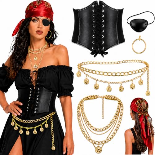UYY 6Pcs Pirate Costume Accessories Set for Women with Head Scarf Wrap Pirate Eye Patch Corset Gold Necklace Waist Chains Earring