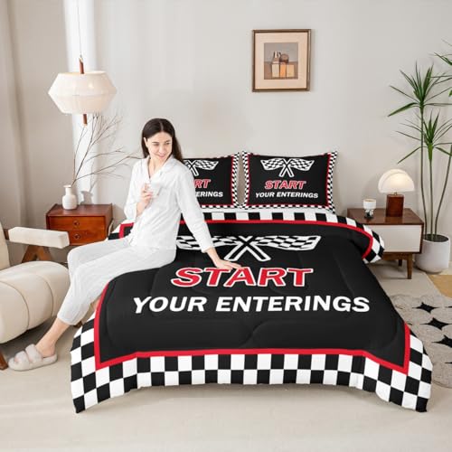 Image of Feelyou Kids Racing Car Duvet Insert Full Size, Checkered Flags Bedding Set Race Sports Flag Comforter Set Boys Girls Teens Bedroom Decor 3Pcs