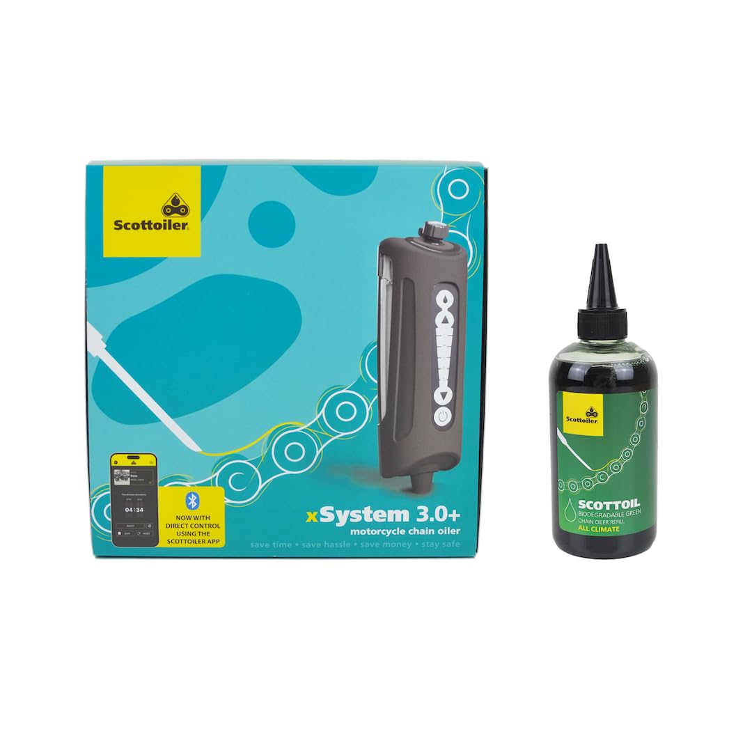 Scottoiler xSystem 3.0+ electronic chain oiler with bluetooth app control including All Climate Biodegradable Green Scottoil