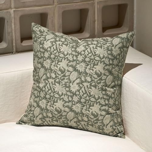 Amor Virisso, Kissenbezug 45x45 cm, Blumenmuster, Blockdruck im Landhausstil, neutraler Dekokissenbezug, als Akzent fürs Sofa, Bett oder Wohnzimmer, 1 Stück, Farbe: Grün (Staubiges Grün)