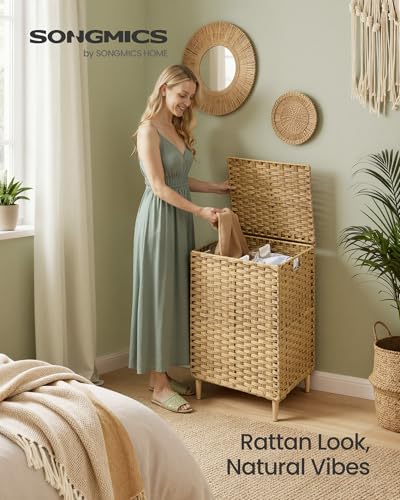 SONGMICS-2-Section-Laundry-Hamper-with-Lid-29-Gal-110L-PE-Rattan-Laundry-Basket-with-Removable-Washable-Liners-for-Bedroom-Living-Room-Goose-Yellow-ULCB222YE01