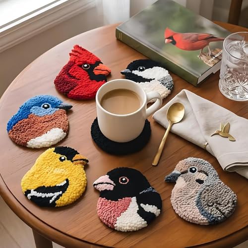 Kit de punch needle de posavasos pájaro decor para principiantes niños 4