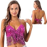 Victray Women Sparkly Bra Tops Sequins Glitter Bikini Bra Fringe Crop Top Party Club Wear Costume (Rose)