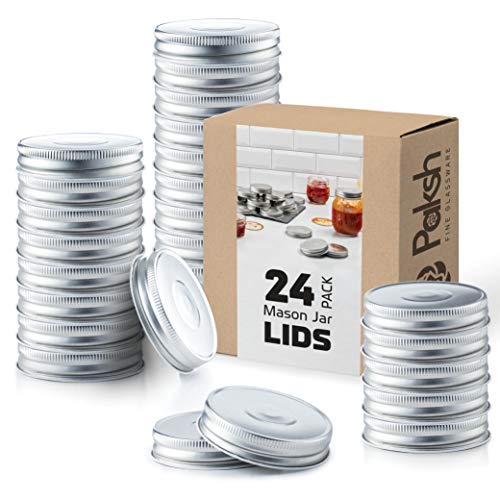 Paksh Novelty Silver Replacement Mason Jar Lids - Regular Mouth - Canning Lids for Ball, Kerr, Bormioli Rocco, And Other Brands. One-Piece Lid with Safety Button. 24 Pack