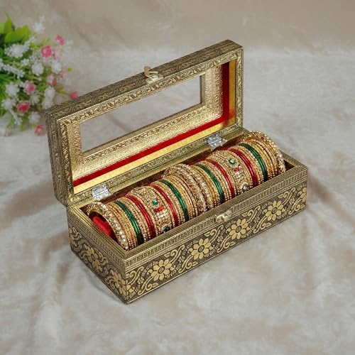 Image of TRENDWAGON Antique Gold Bangle Box with Glass Lid - 11 Inch Wooden Oxidized Jewellery Organizer - Decorative 1-Rod Chudi Case /Kangan Storage Holder for Wedding & Bridal Gift (Gold Floral)