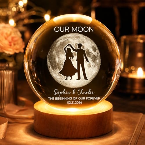 Image of Evamall Personalized Moon Phase Crystal Ball Night Light, Custom Night Sky By Date Lamp, Our Special Day Keepsake Gift for Couple Anniversary Wedding
