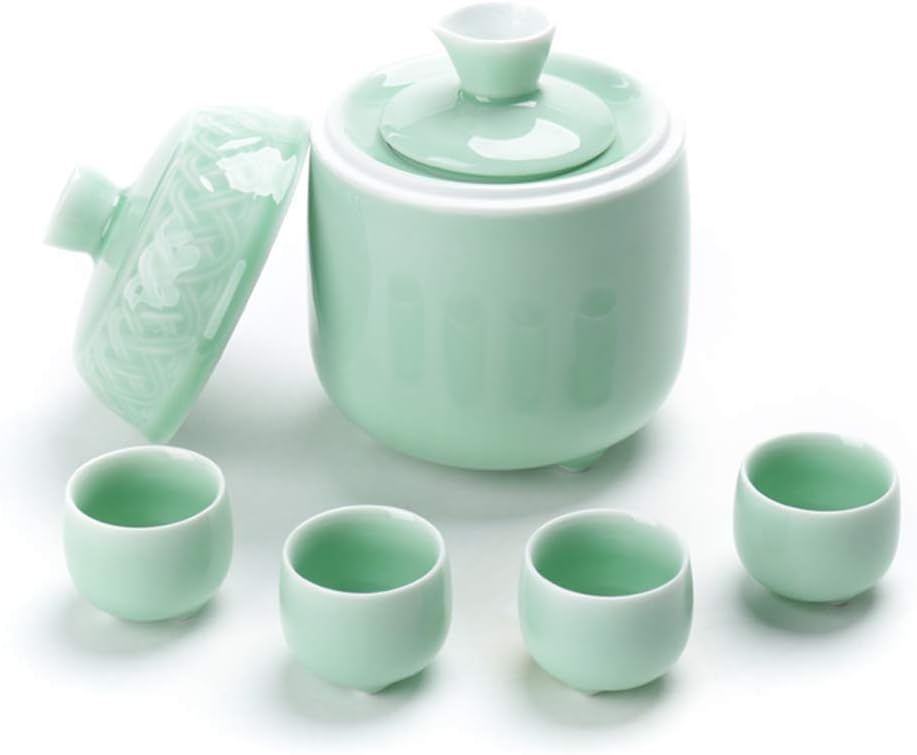 Japanese Ceramic Sake Set 6 Pieces Celadon Wine Glasses with Warmer Pot Traditional Crafts Cups with Gift Box Best Gift for Family and Friends Dinnerware Sets