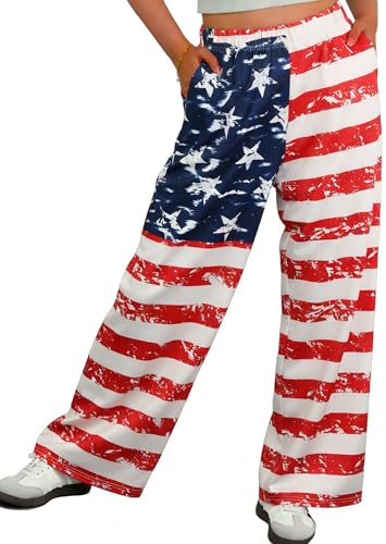 IWOLLENCE 4th Fourth of July Outfits Women's American Flag Long Pants High Waist Wide Legs Palazzo USA Independence Patriotic Trousers with Pockets Red Blue, XL