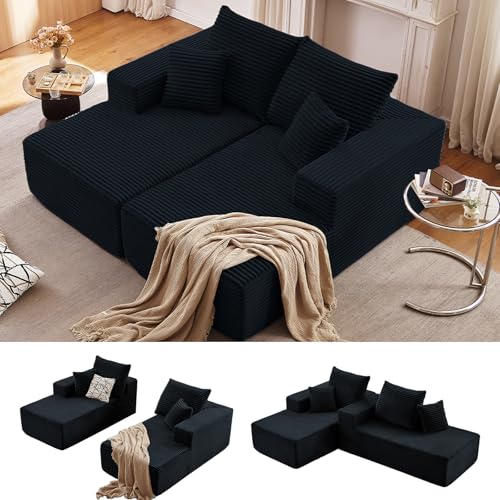 Tumbona de gran tamaño de 75 pulgadas, diván modular doble con almohadas, tapizada de pana sin huesos, sofá biplaza moderno esponjoso para sala de estar o dormitorio (negro)
