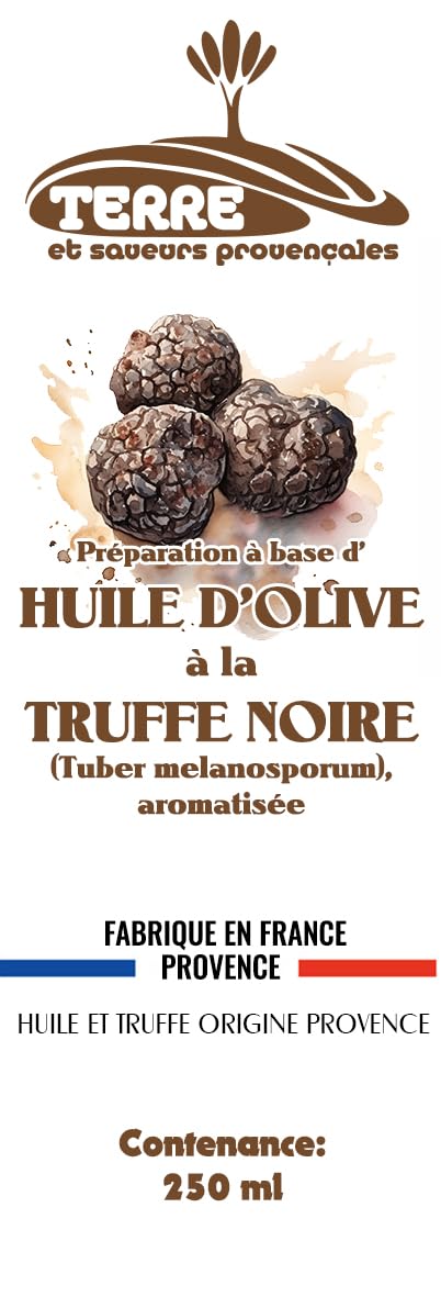 Huile de Truffe avec véritable morceaux de truffe noire - 250 ml - Huile d'olive Française, Truffe Tuber Melanosporum française - pour sauces et affiner les plats - Provence -
