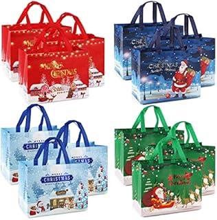 12CS Christmas Gift Bags, Bronzing Printing Christmas Tote Bags with Handles, Christmas Treat Bags, Multifunctional Non-Woven Christmas Bags for Gifts Wrapping Shopping, Xmas Party Supplies