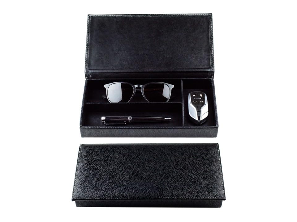 DELMON VARONE - Personalisierbarer Ablagekasten mit Deckel aus Premium Leder Soft Grain schwarz, Schreibtischschale für Kugelschreiber, Füller & Schreibutensilien, Echtleder Stifteetui mit 3 Fächer