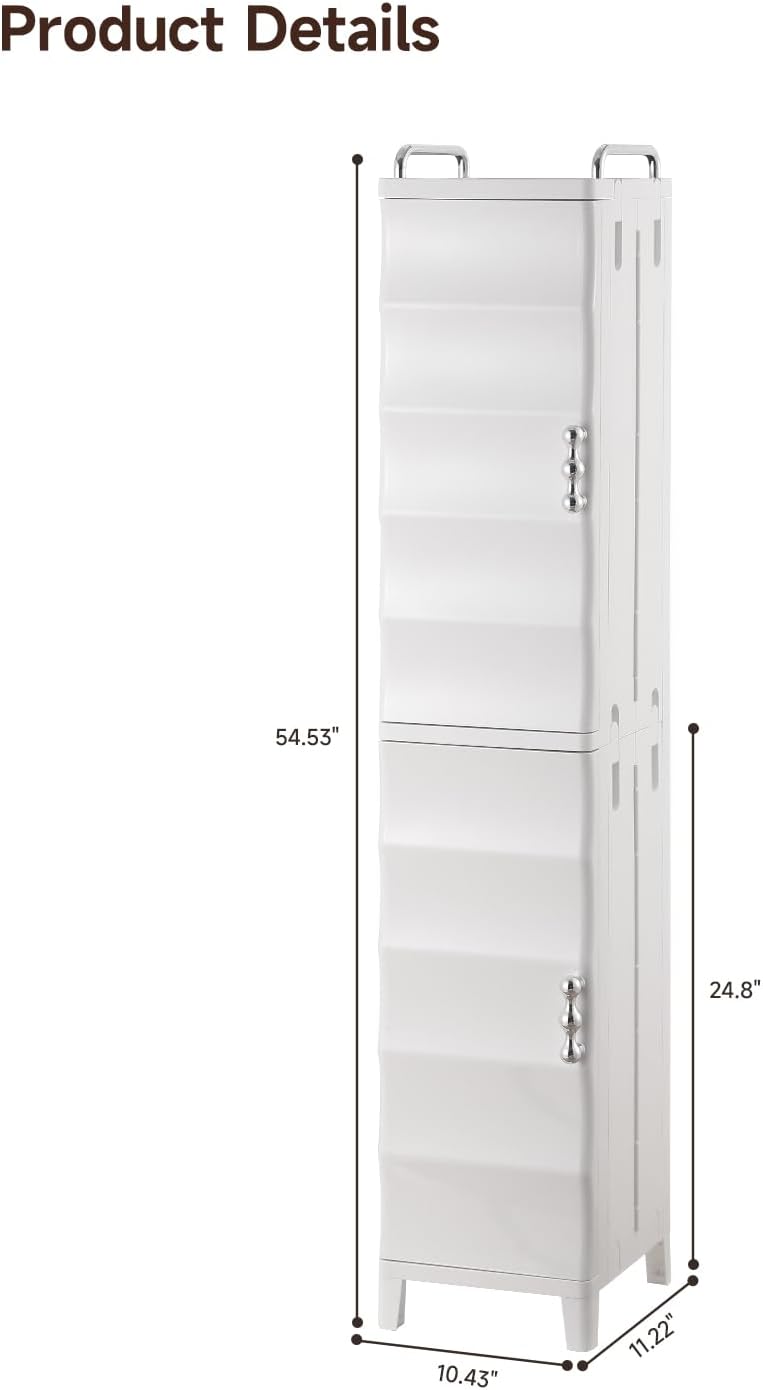 Slim Bathroom Storage Cabinet, Tall Narrow Storage Cabinet with Adjustable Shelves & Magnetic Doors, Plastic Slim Cabinet for Small Spaces, Bathroom, Kitchen, Laundry (White)