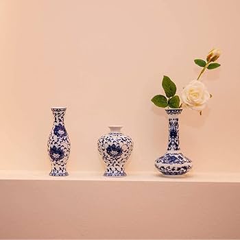 青花瓷瓶2個 Amazon.com: 小陶瓷花瓶3 件組,青花瓷花瓶組,藝術Fambe 釉瓷花瓶