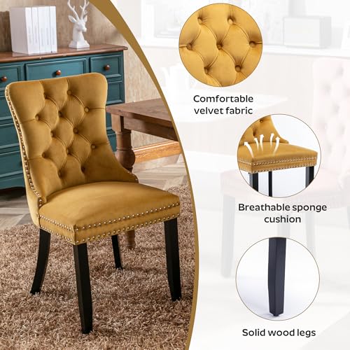 Image of 5-Piece Dining Table Set with 47In Tempered Glass Table and 4 Velvet Upholstered Chairs, Modern Scandinavian Furniture for Dining Room Kitchen(Yellow)