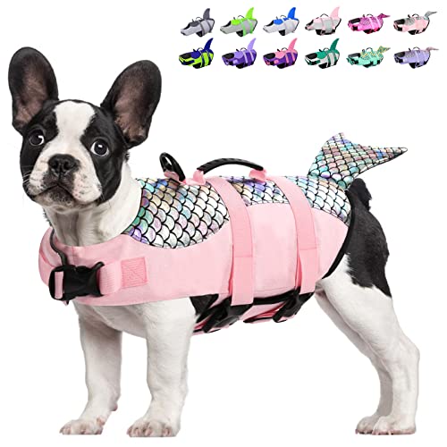 Koeson Dog Life Jacket Shark, Dog Life Vest With Rescue Handle, Ripstop Pet Float Coat For Swimming, Safety Dog Lifesaver Pet Life Preserver Swimsuit For Small,Medium,Large Dogs Light Pink Mermaid M #TOP5