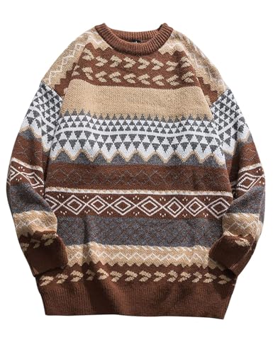 Flygo Men's Vintage Grandpa Sweater Crewneck Oversized Striped Aztec Cable Knit Pullover Unisex Jumper Tops