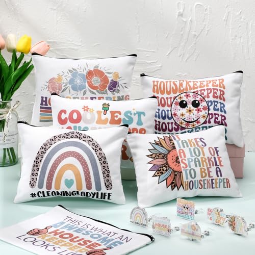 Kacctyen 24 Pcs Housekeeping Week Gifts Bulk 12 Boho Makeup Bag 12 Retractable Badge Reels Housekeeping Appreciation Gift for Housekeeper Cleaner Staff Team Employee Coworker Custodian Supplies2